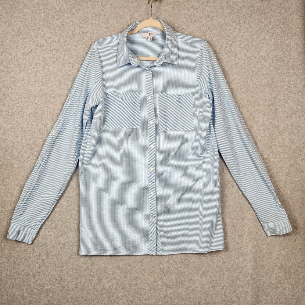 Long Tall Sally Shirt Womens 10 Blue White Stripe Button Up‎ Seersucker